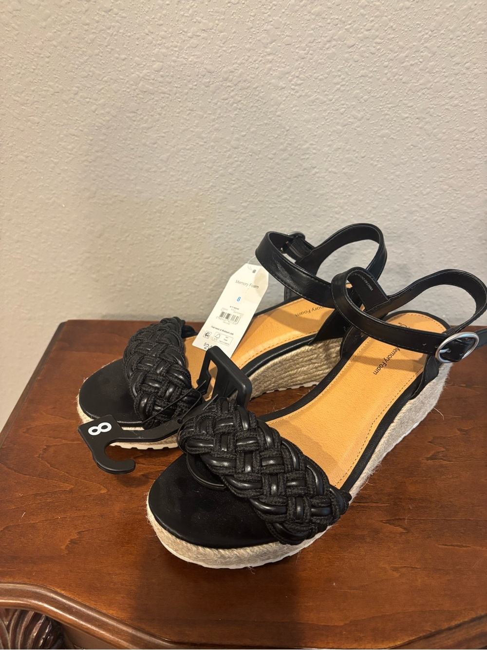 NWT Time and Tru Braided Espadrille Platform Sandals Black Size 8 Memory Foam